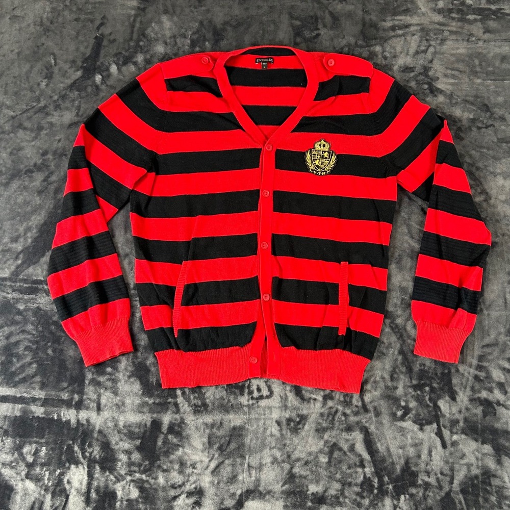 Express Cardigan Sweater Mens Large Red Black Striped Crest Epaulets Preppy